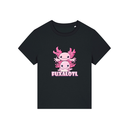 Black  kawaii t-shirt with pink axolotl design and 'Fuxalotl' text 