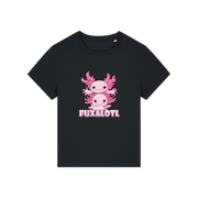 Black  kawaii t-shirt with pink axolotl design and 'Fuxalotl' text 