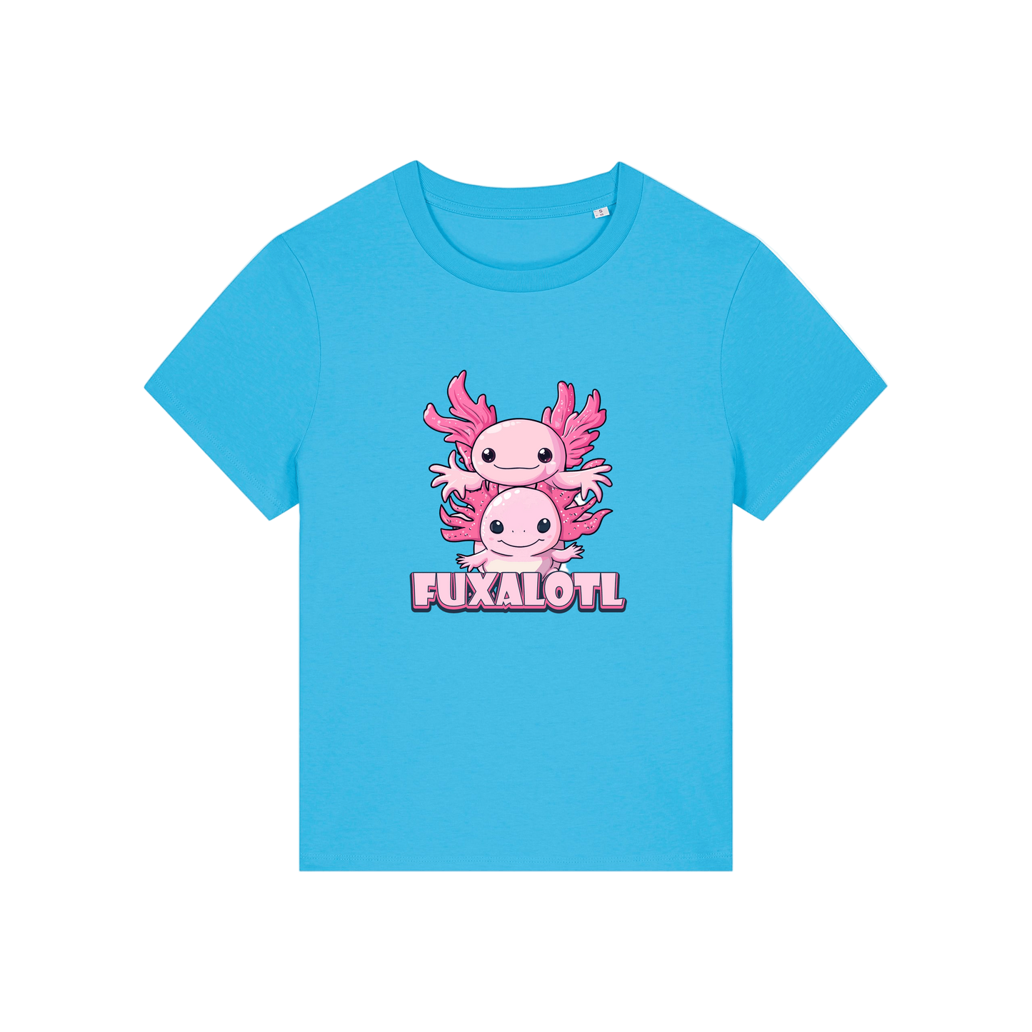 blue kawaii t-shirt with pink axolotl design and 'Fuxalotl' text 