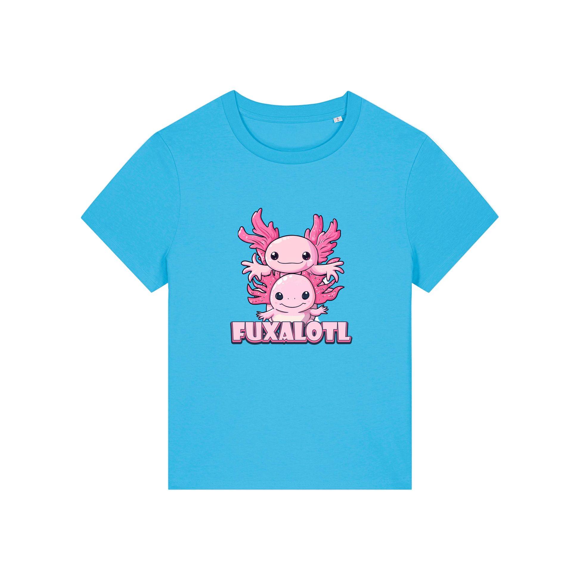 blue kawaii t-shirt with pink axolotl design and 'Fuxalotl' text 