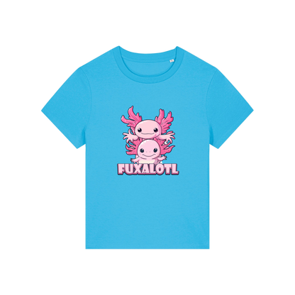 blue kawaii t-shirt with pink axolotl design and 'Fuxalotl' text 