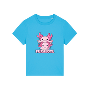 blue kawaii t-shirt with pink axolotl design and 'Fuxalotl' text 