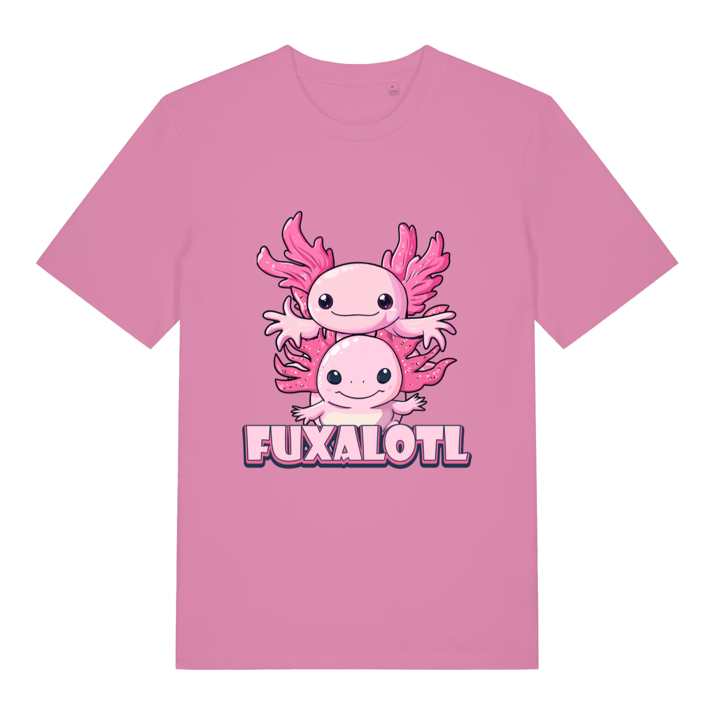 Bubble Pink women's Fuxalotl T-shirt flat lay featuring adorable double axolotl design