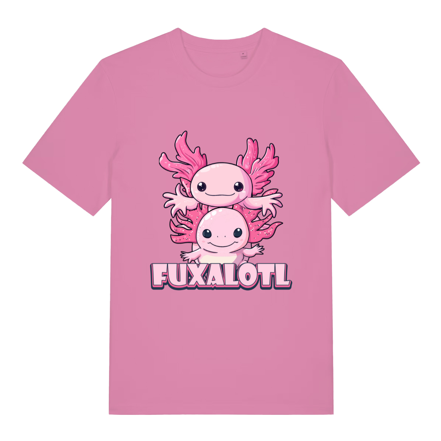 Bubble Pink women's Fuxalotl T-shirt flat lay featuring adorable double axolotl design
