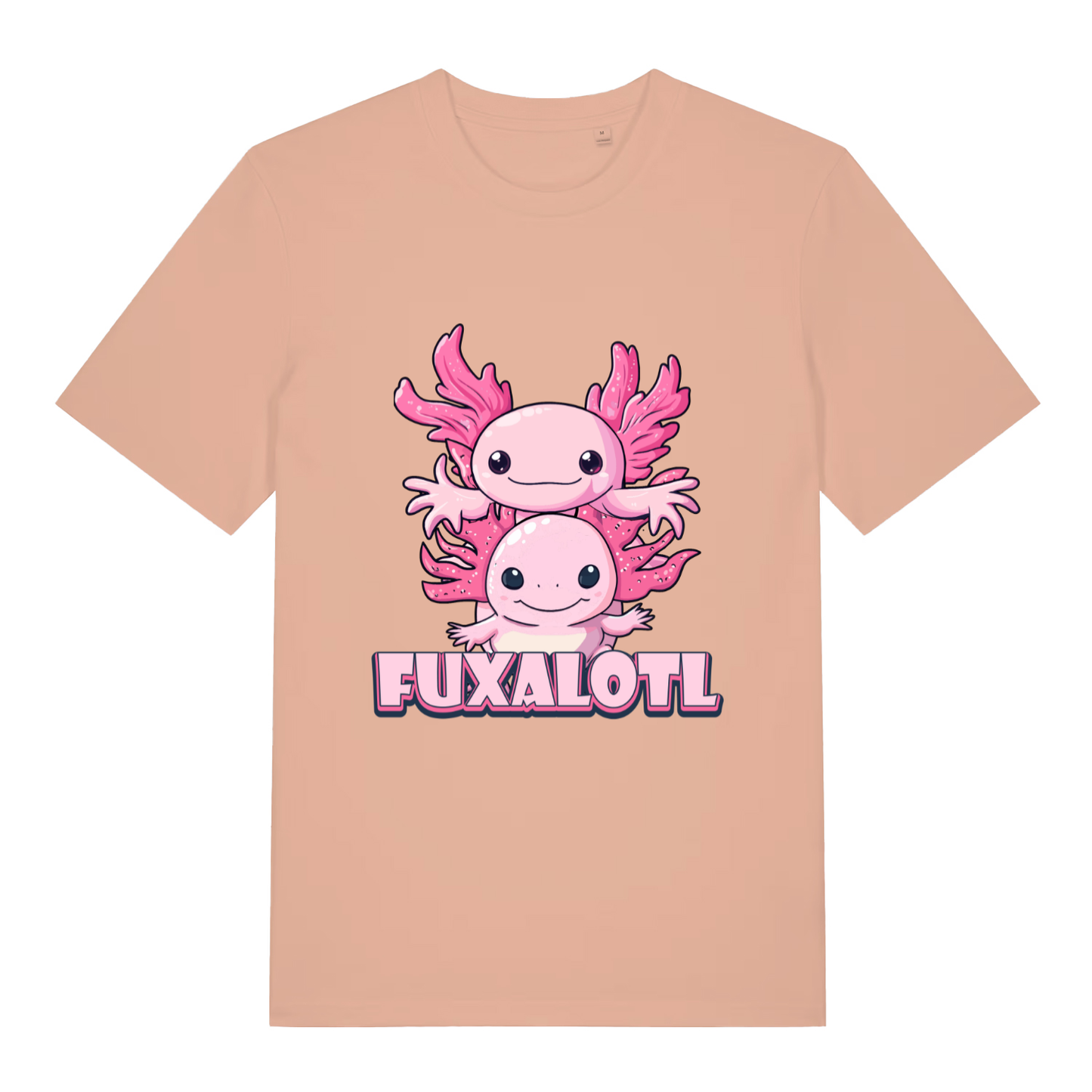 Fraiche Peche women's Fuxalotl T-shirt flat lay showing funny pink axolotls "FUXALOTL" slogan