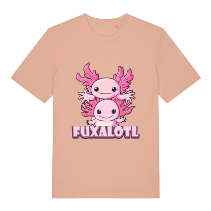Fraiche Peche women's Fuxalotl T-shirt flat lay showing funny pink axolotls "FUXALOTL" slogan