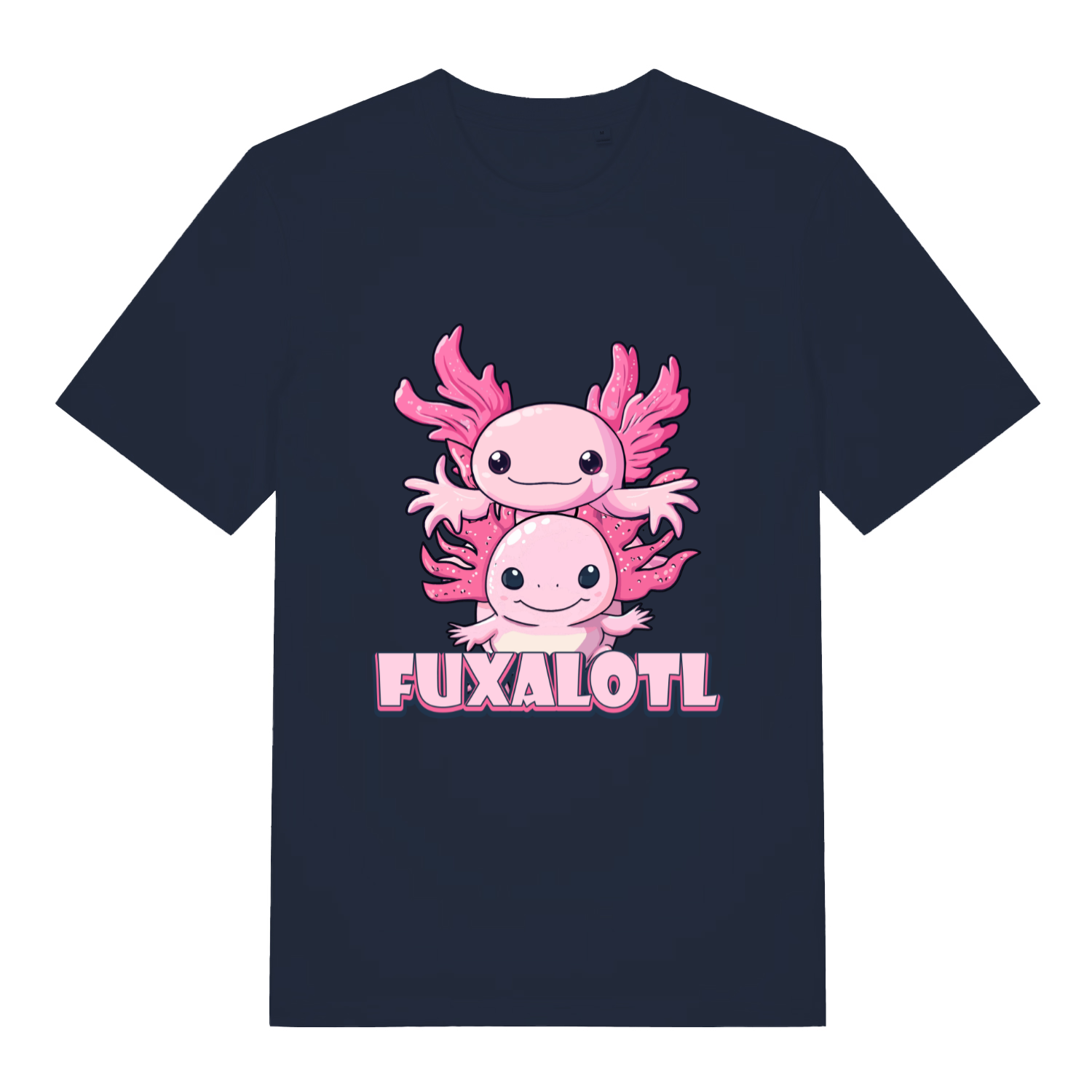 French Navy women's Fuxalotl T-shirt flat lay with stacked cute axolotl illustration