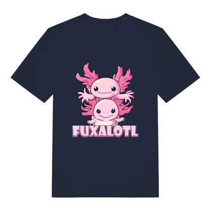 French Navy women's Fuxalotl T-shirt flat lay with stacked cute axolotl illustration