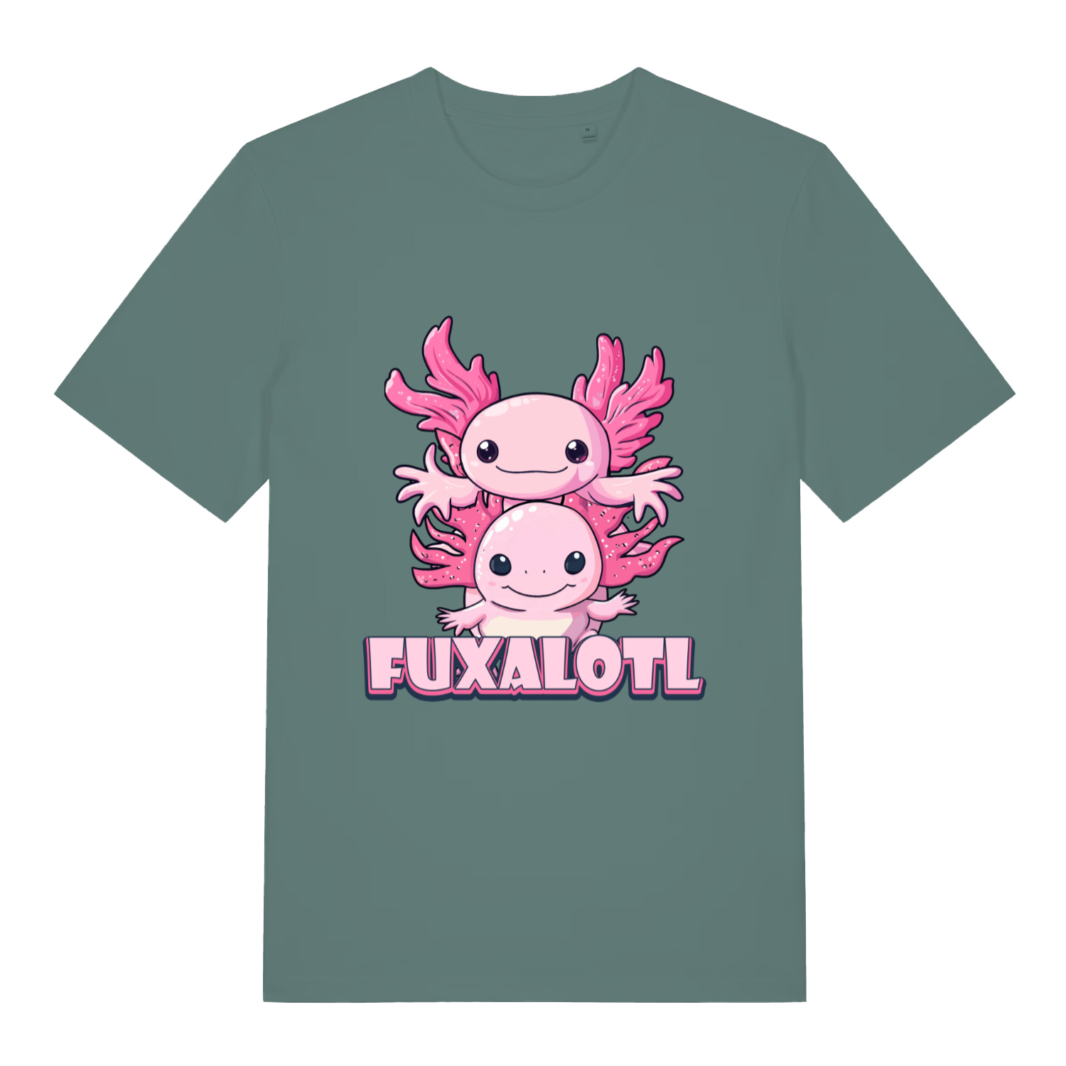 Green Bay women's Fuxalotl T-shirt flat lay displaying kawaii pink axolotls graphic