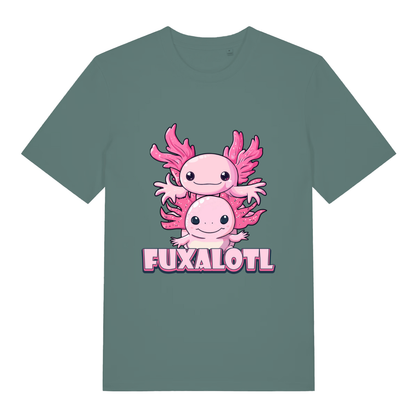Green Bay women's Fuxalotl T-shirt flat lay displaying kawaii pink axolotls graphic