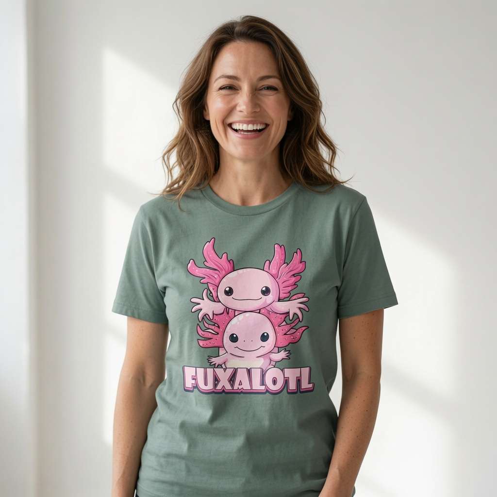 Woman laughing in green bay Fuxalotl tee, fun ladies axolotl pun graphic