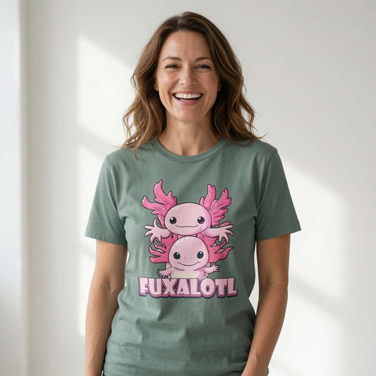 Woman laughing in green bay Fuxalotl tee, fun ladies axolotl pun graphic