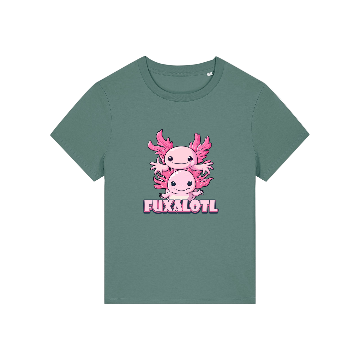 green kawaii t-shirt with pink axolotl design and 'Fuxalotl' text 