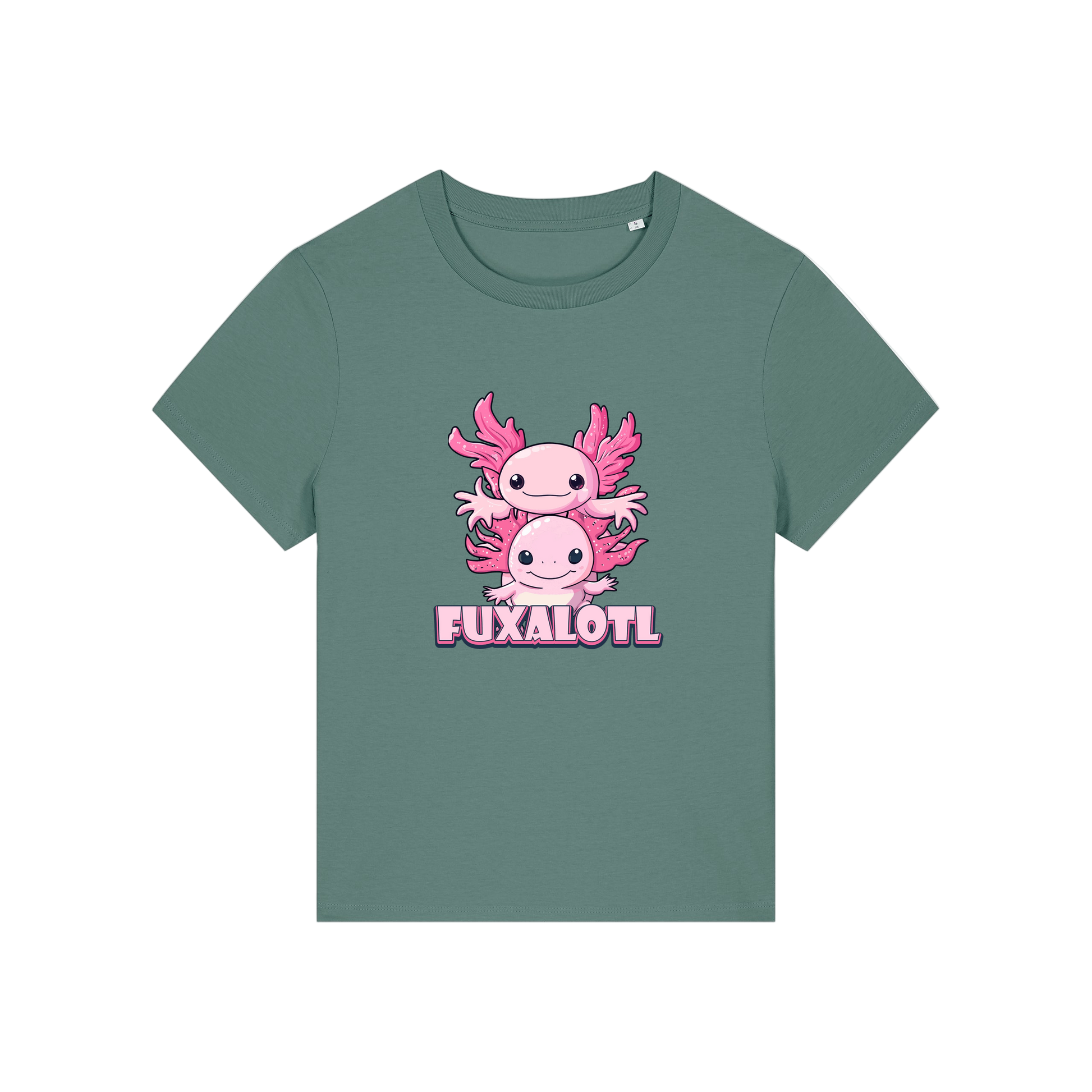 green kawaii t-shirt with pink axolotl design and 'Fuxalotl' text 
