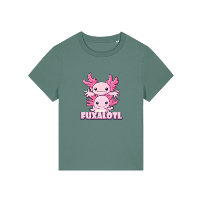 green kawaii t-shirt with pink axolotl design and 'Fuxalotl' text 