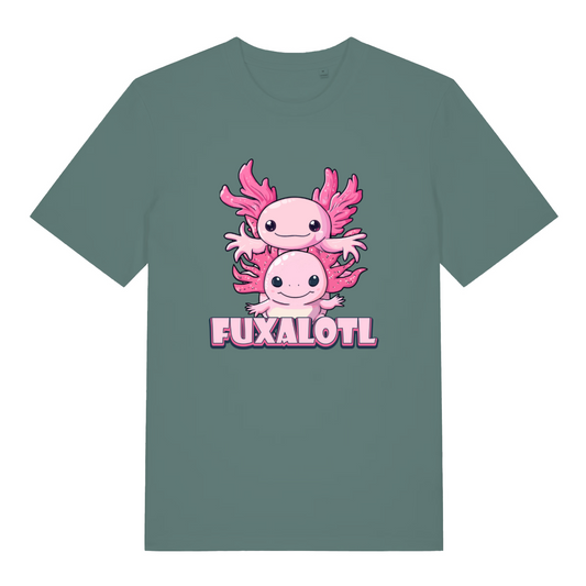 green women's kawaii t-shirt with the graphic of two axolotl's and the slogan 'fuxalotl'