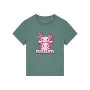 green kawaii t-shirt with pink axolotl design and 'Fuxalotl' text 