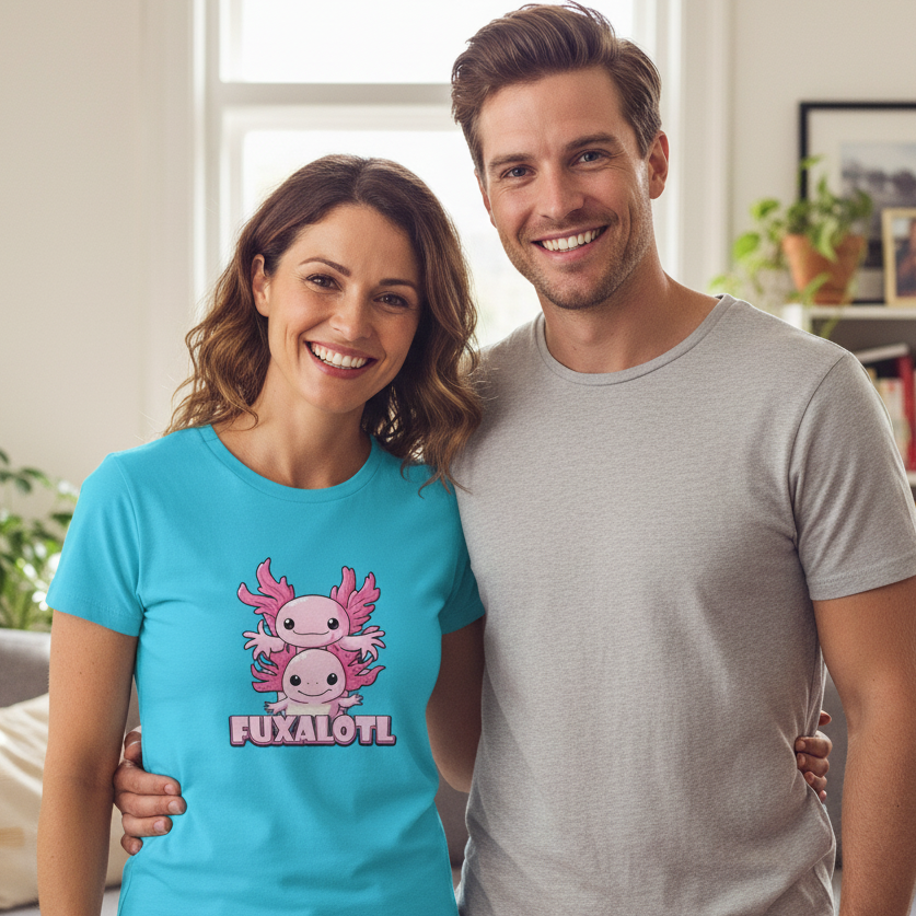 Man and woman standing together, woman wearing a blue t-shirt with axolotl design and 'Fuxalotl' text.