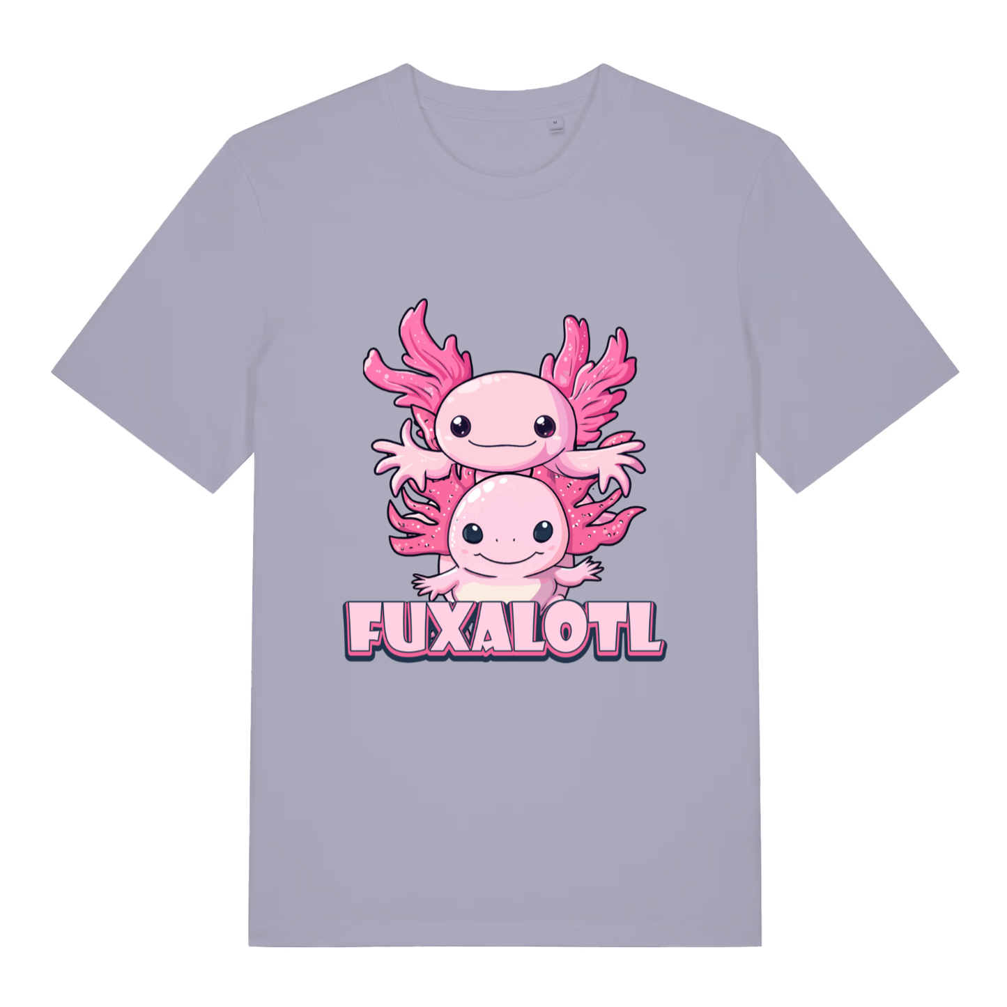 Lavender women's Fuxalotl T-shirt flat lay with adorable stacked axolotls design