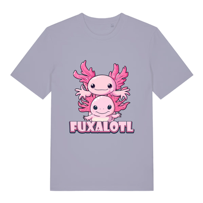 Lavender women's Fuxalotl T-shirt flat lay with adorable stacked axolotls design
