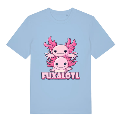 Light Blue women's Fuxalotl T-shirt flat lay featuring cute pink axolotl "FUXALOTL" artwork