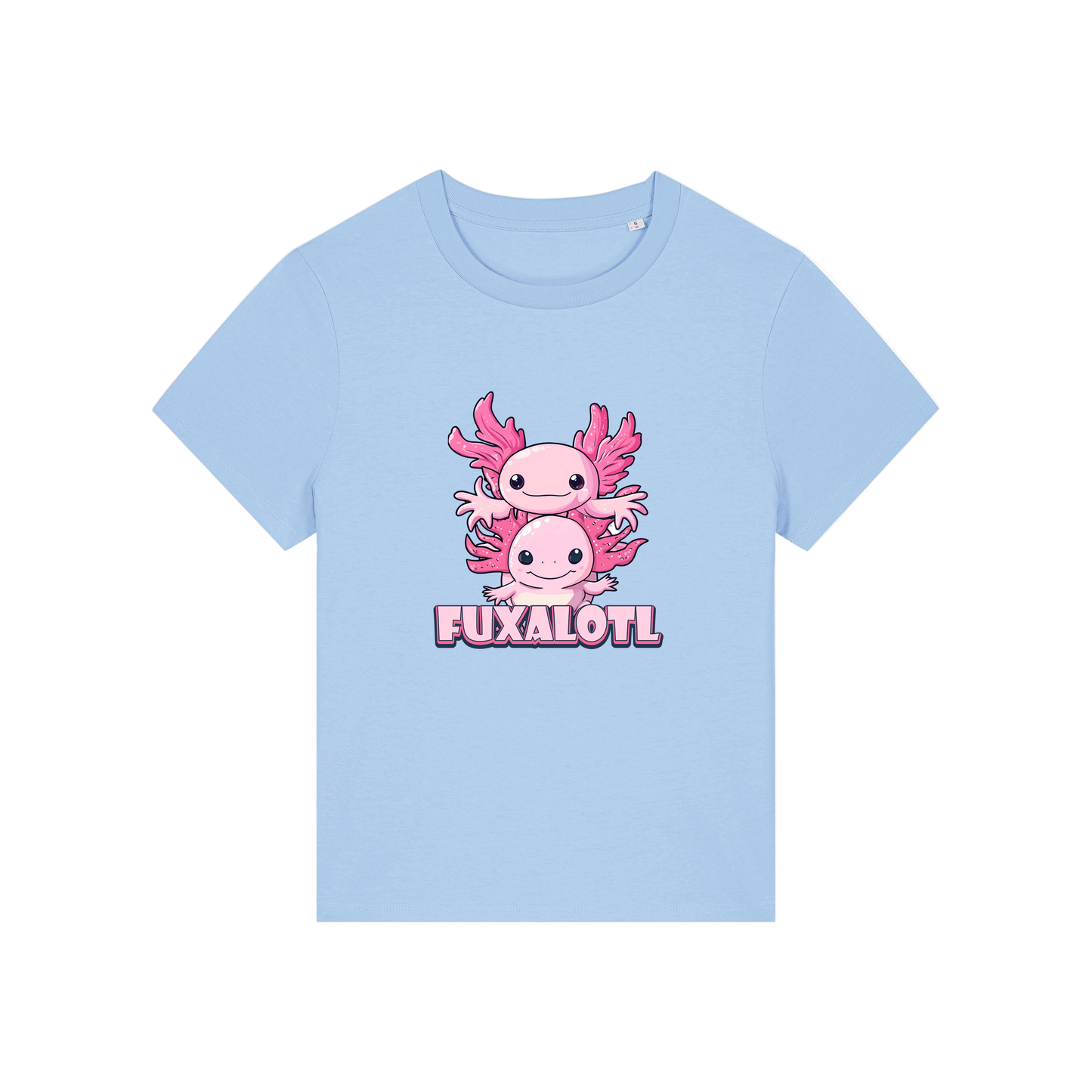 light blue kawaii t-shirt with pink axolotl design and 'Fuxalotl' text 