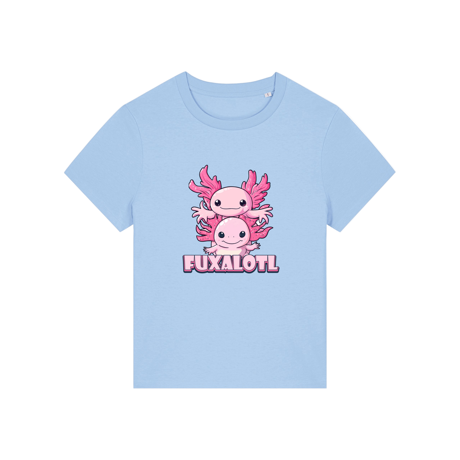 light blue kawaii t-shirt with pink axolotl design and 'Fuxalotl' text 