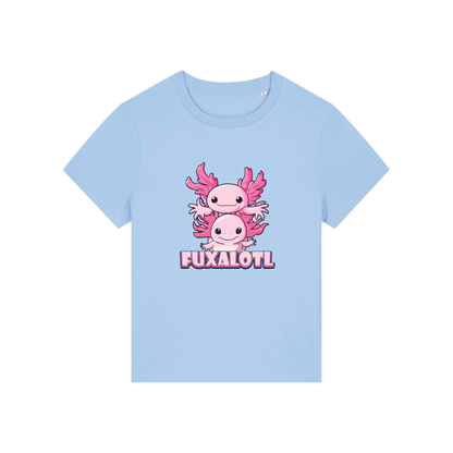 light blue kawaii t-shirt with pink axolotl design and 'Fuxalotl' text 