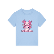 light blue kawaii t-shirt with pink axolotl design and 'Fuxalotl' text 