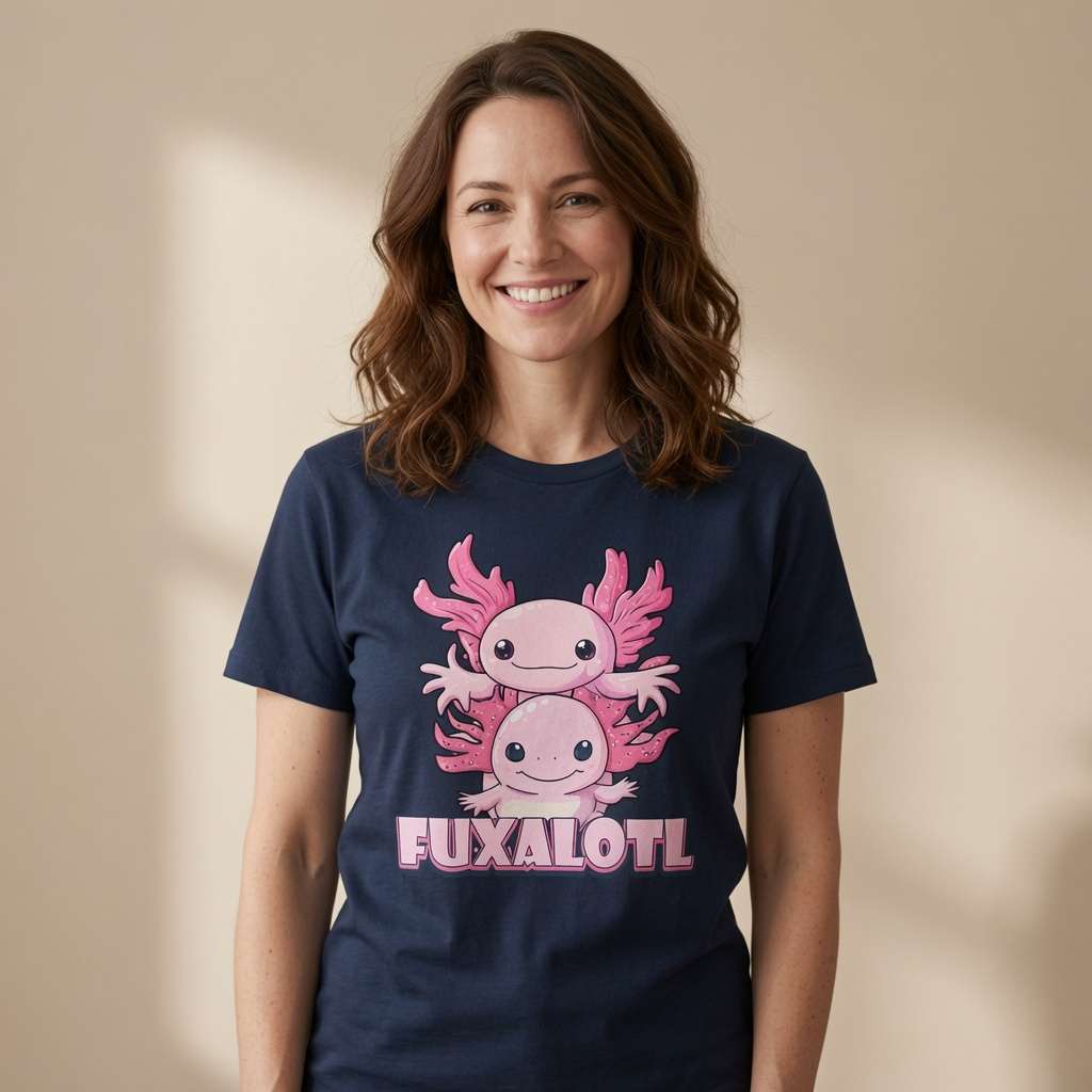 Woman smiling in navy Fuxalotl t-shirt featuring two pink axolotls, funny ladies kawaii axolotl pun
