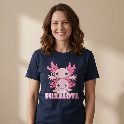Woman smiling in navy Fuxalotl t-shirt featuring two pink axolotls, funny ladies kawaii axolotl pun