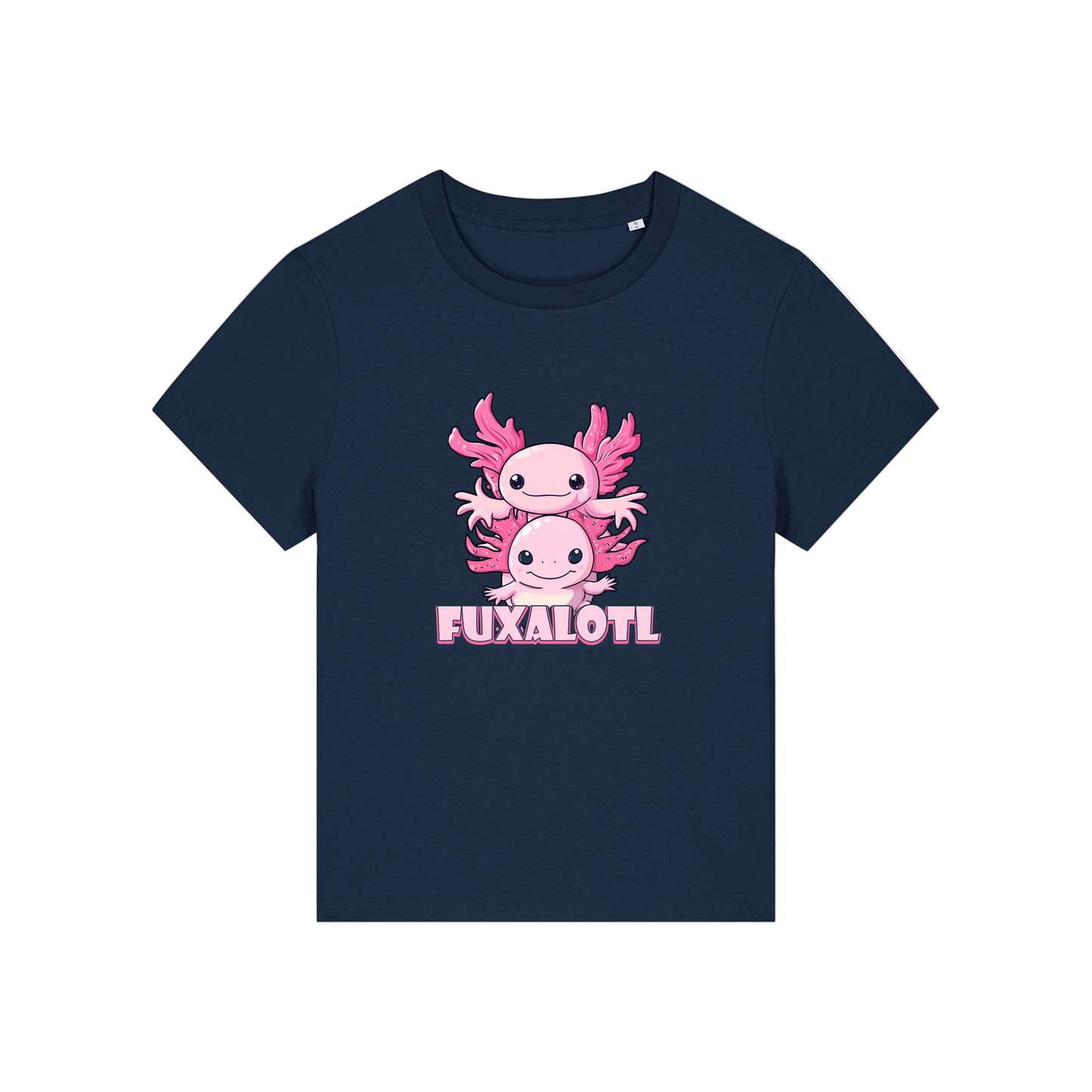 navy kawaii t-shirt with pink axolotl design and 'Fuxalotl' text 