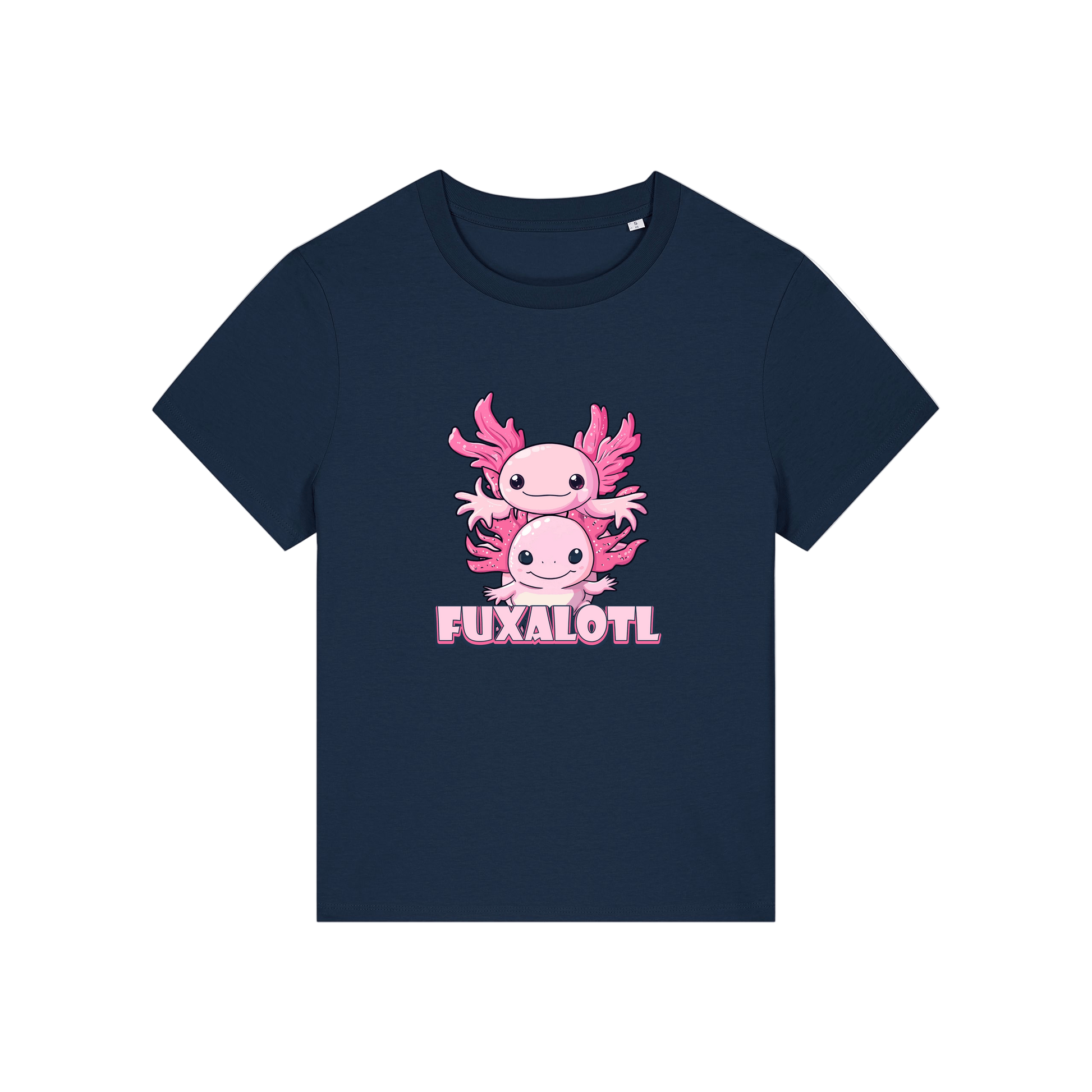 navy kawaii t-shirt with pink axolotl design and 'Fuxalotl' text 
