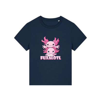 navy kawaii t-shirt with pink axolotl design and 'Fuxalotl' text 