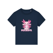 navy kawaii t-shirt with pink axolotl design and 'Fuxalotl' text 