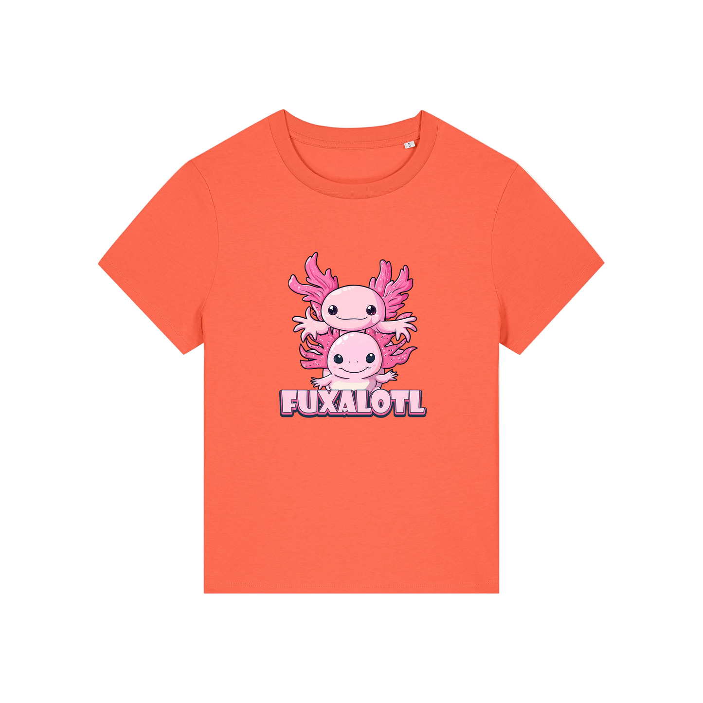 orange kawaii t-shirt with pink axolotl design and 'Fuxalotl' text 
