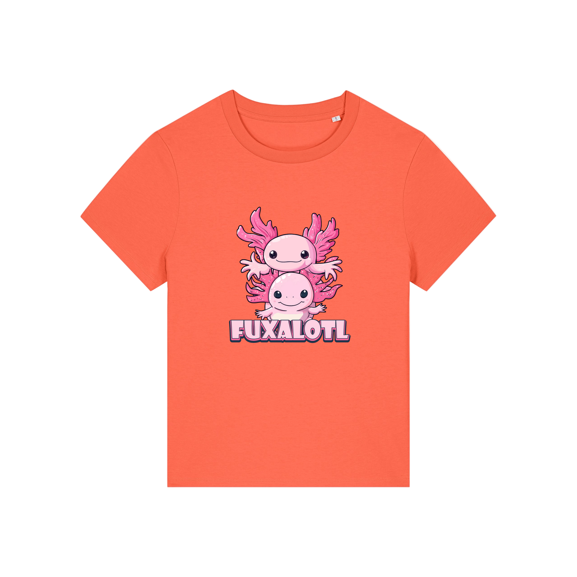 orange kawaii t-shirt with pink axolotl design and 'Fuxalotl' text 