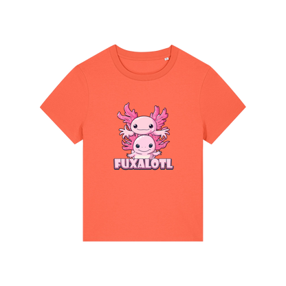 orange kawaii t-shirt with pink axolotl design and 'Fuxalotl' text 