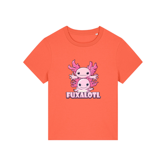 orange kawaii t-shirt with pink axolotl design and 'Fuxalotl' text 