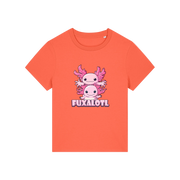 orange kawaii t-shirt with pink axolotl design and 'Fuxalotl' text 