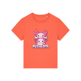 orange kawaii t-shirt with pink axolotl design and 'Fuxalotl' text 