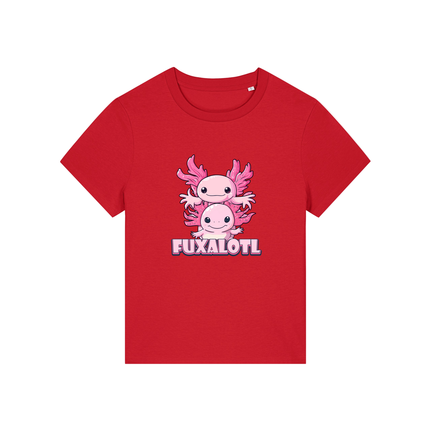 red kawaii t-shirt with pink axolotl design and 'Fuxalotl' text 