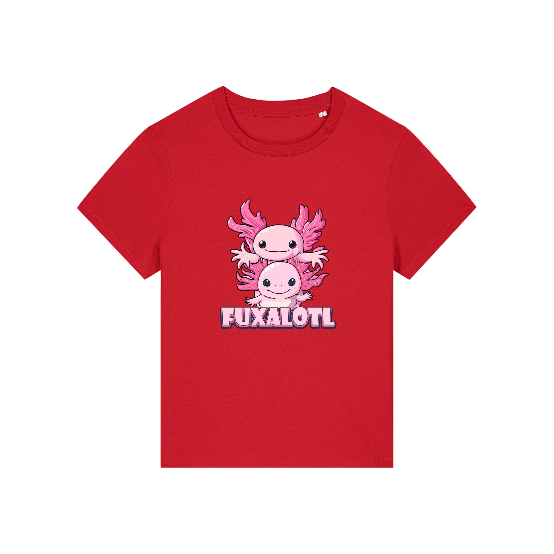 red kawaii t-shirt with pink axolotl design and 'Fuxalotl' text 