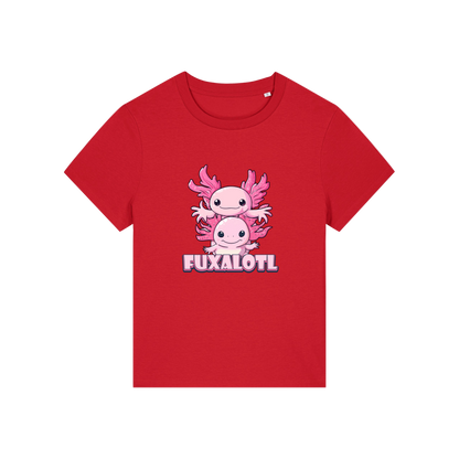 red kawaii t-shirt with pink axolotl design and 'Fuxalotl' text 