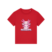 red kawaii t-shirt with pink axolotl design and 'Fuxalotl' text 