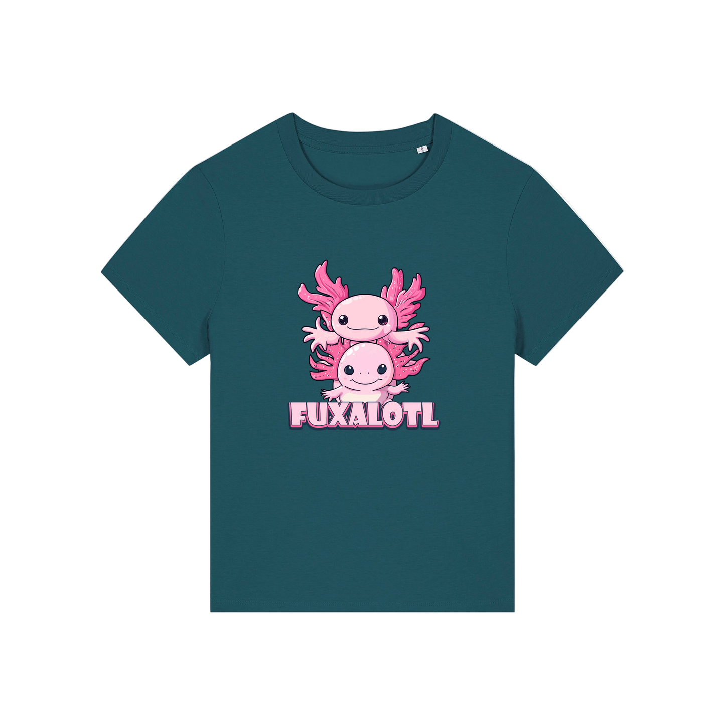 teal kawaii t-shirt with pink axolotl design and 'Fuxalotl' text 