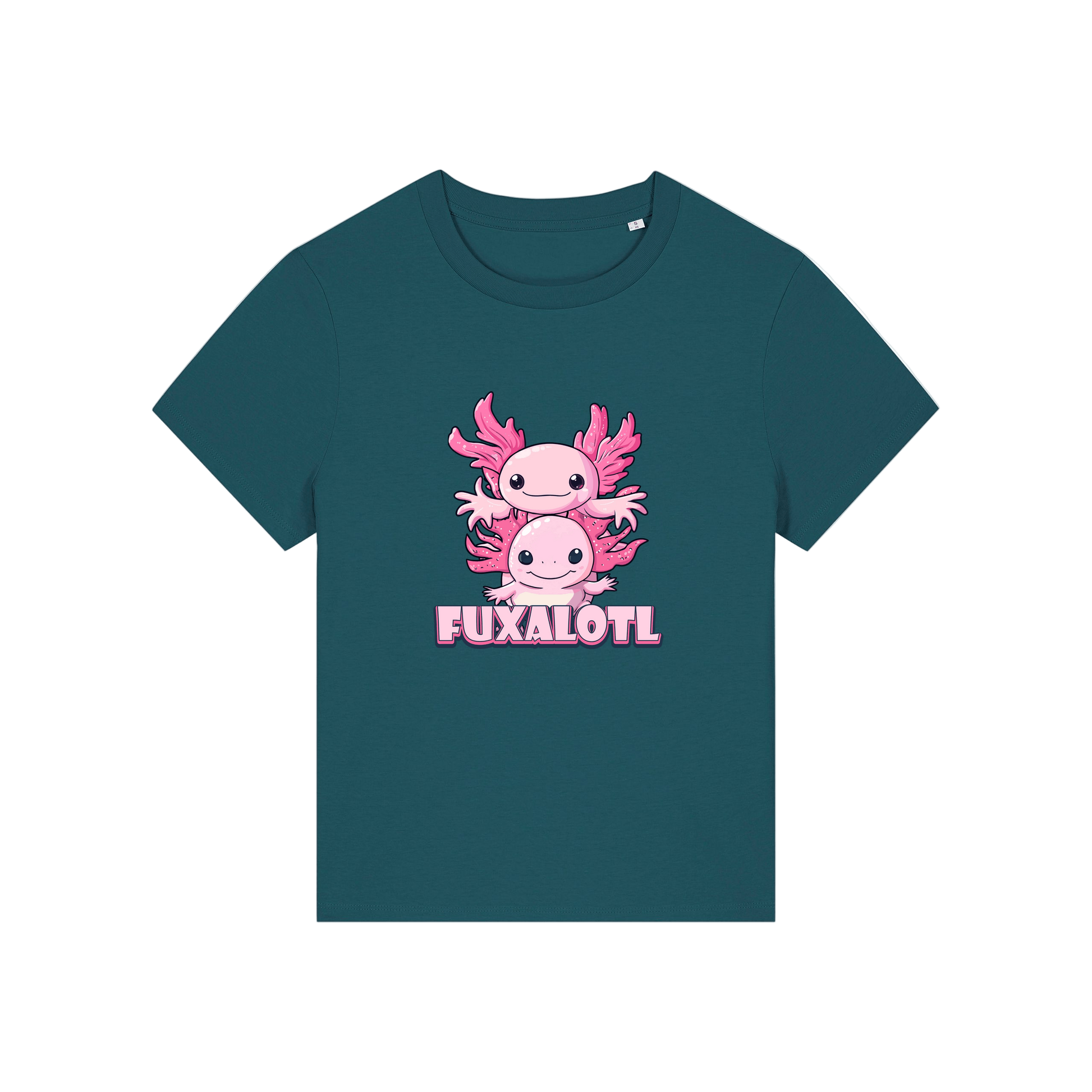 teal kawaii t-shirt with pink axolotl design and 'Fuxalotl' text 