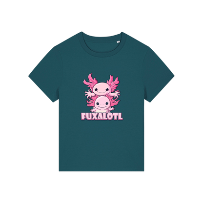 teal kawaii t-shirt with pink axolotl design and 'Fuxalotl' text 