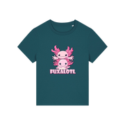 teal kawaii t-shirt with pink axolotl design and 'Fuxalotl' text 