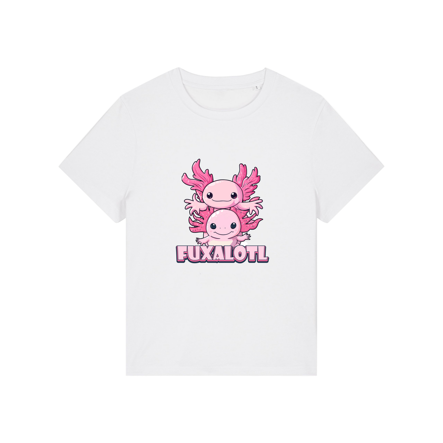 white kawaii t-shirt with pink axolotl design and 'Fuxalotl' text 